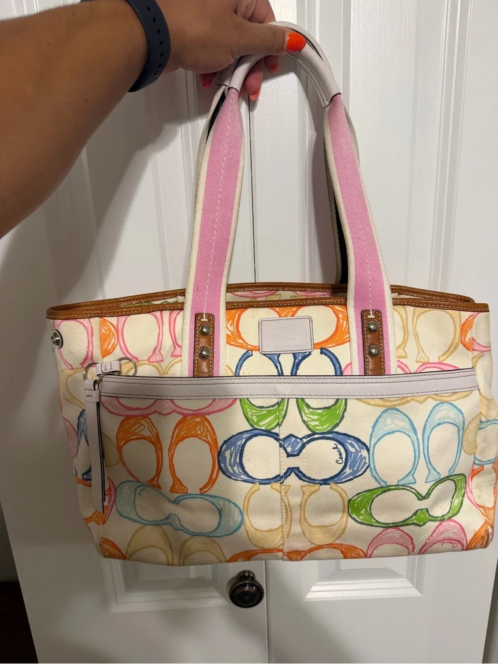 Coach 2007 Scribble Multicolor Tote Pink Trim Handles